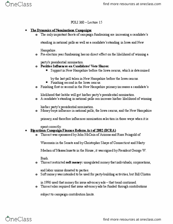 POLI 360 Lecture Notes - Lecture 15: Political Action Committee, Republican Party Presidential Primaries, 2012, Issue Advocacy Ads thumbnail