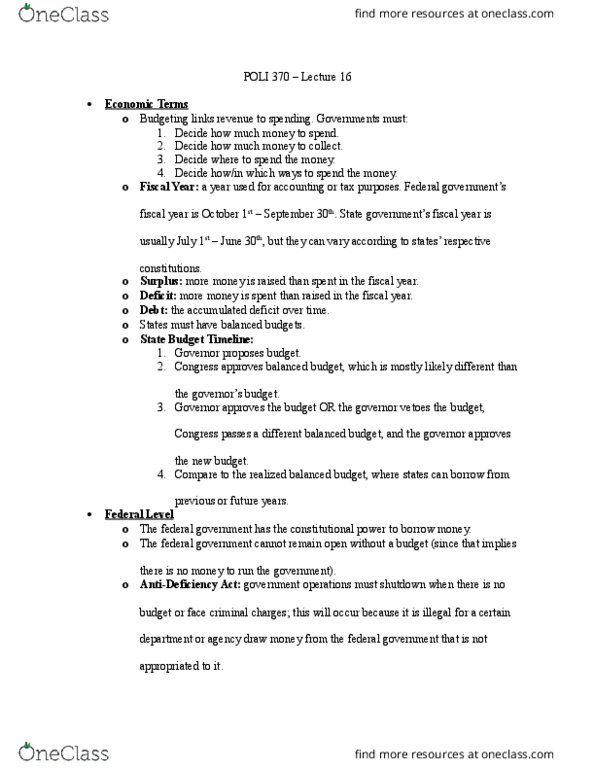 POLI 370 Lecture Notes - Lecture 16: Strategic Planning, Antideficiency Act thumbnail