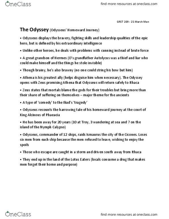 GRST 209 Lecture Notes - Lecture 28: Odysseus, Scheria, Cicones thumbnail