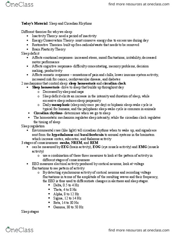 PSYC 106 Lecture Notes - Lecture 14: Neuromodulation, Cataplexy, Sleep Deprivation thumbnail