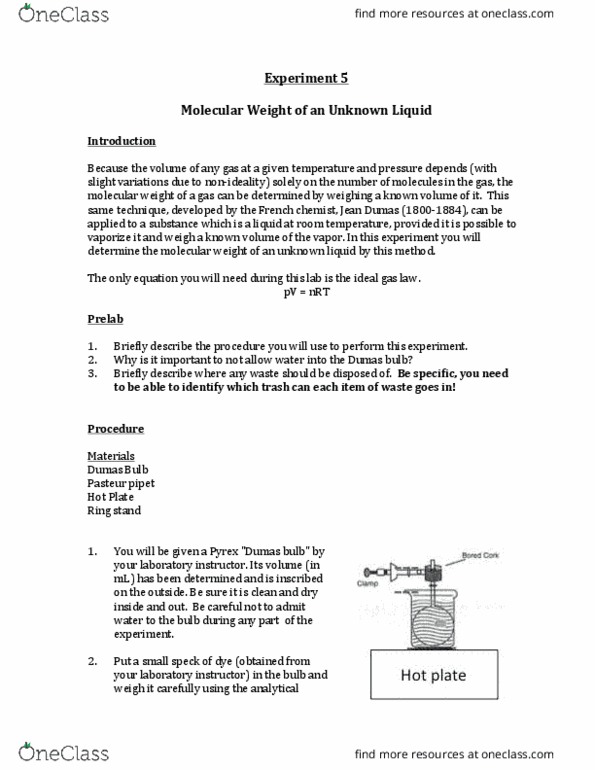 CHEM 1AL Lecture Notes - Lecture 5: Pasteur Pipette, Jean-Baptiste Dumas, Ideal Gas Law thumbnail