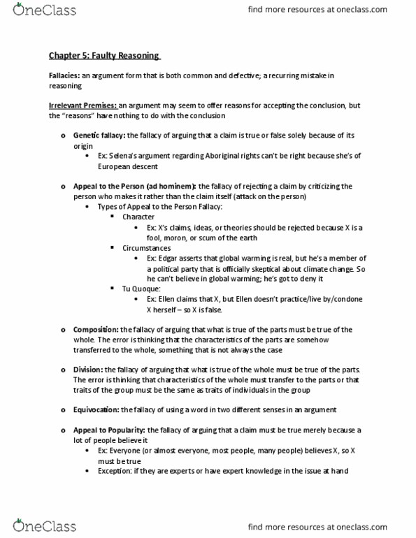 SSH 105 Chapter Notes - Chapter 5: Begging, False Dilemma, Genetic Fallacy thumbnail