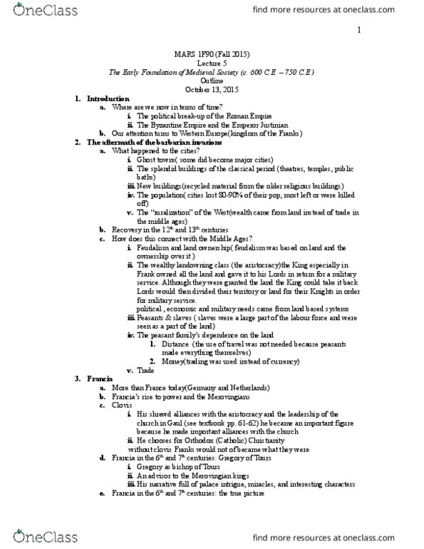 HIST 0N02 Lecture Notes - Lecture 5: Weregild, Germanic Languages, Carolingian Dynasty thumbnail