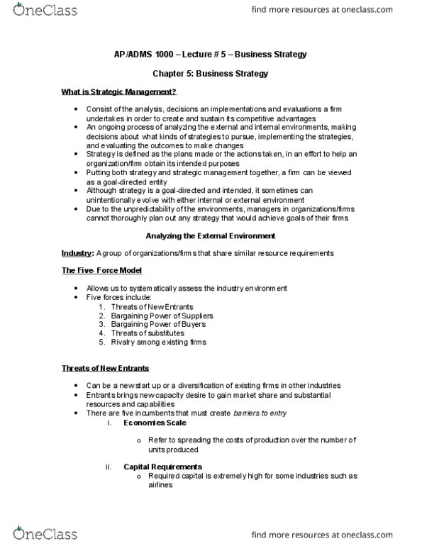 ADMS 1000 Lecture Notes - Lecture 5: Premium Pricing, Market Saturation, Cost Leadership thumbnail