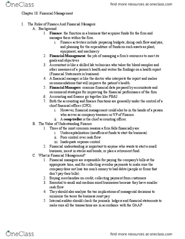 BUS 1000 Chapter Notes - Chapter 18: Chief Financial Officer, Cash Flow, Financial Statement thumbnail