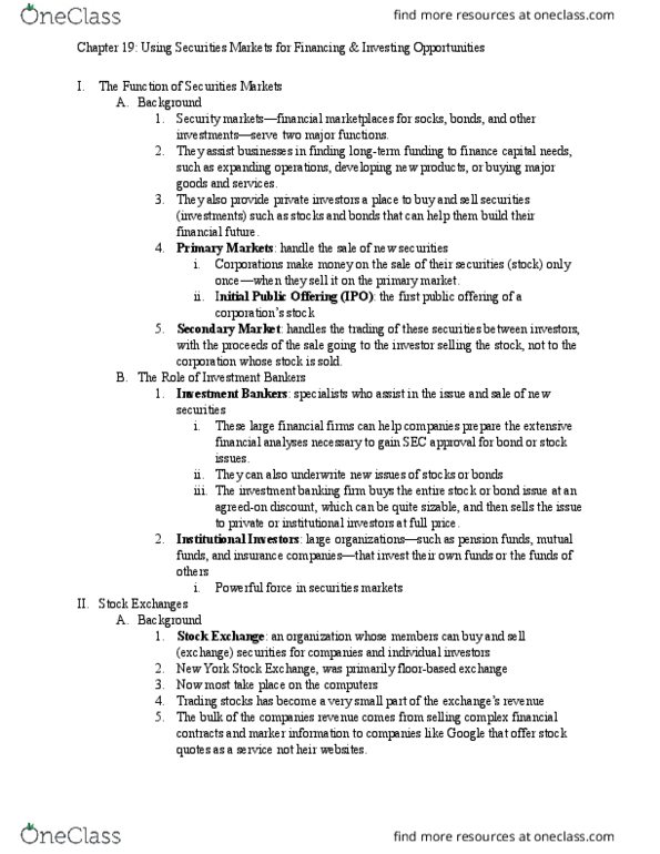 BUS 1000 Chapter Notes - Chapter 19: Initial Public Offering, Nyse Euronext, Corporate Bond thumbnail