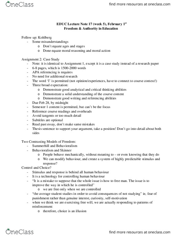 EDUC 1F90 Lecture Notes - Lecture 17: Free Range, Behavioralism, Normal School thumbnail