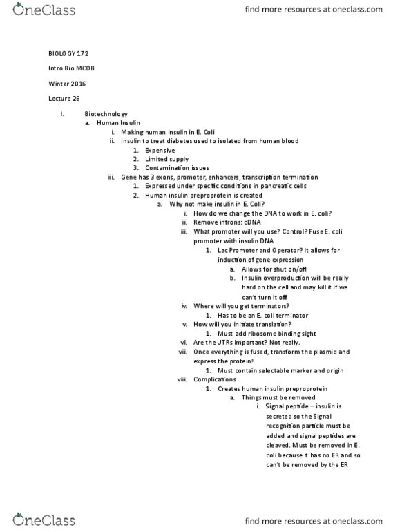 BIOLOGY 172 Lecture Notes - Lecture 26: Integrase, Plasmid, Genetic Code thumbnail