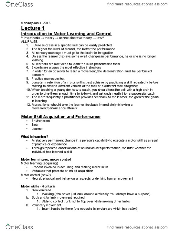 KP161 Lecture Notes - Lecture 1: Motor Learning, Motor Skill, Motor Control thumbnail