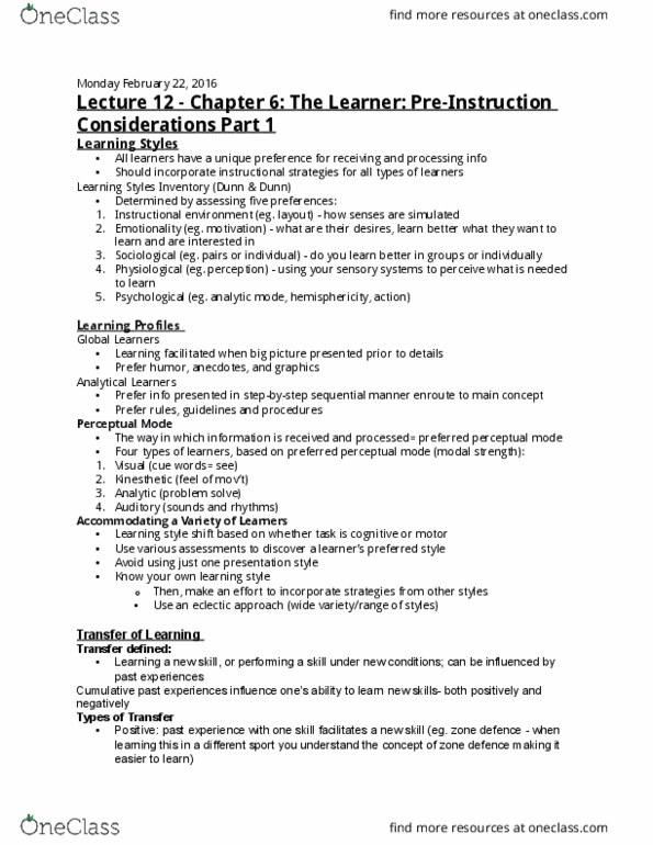 KP161 Lecture Notes - Lecture 12: Instructional Design, Zone Defense thumbnail