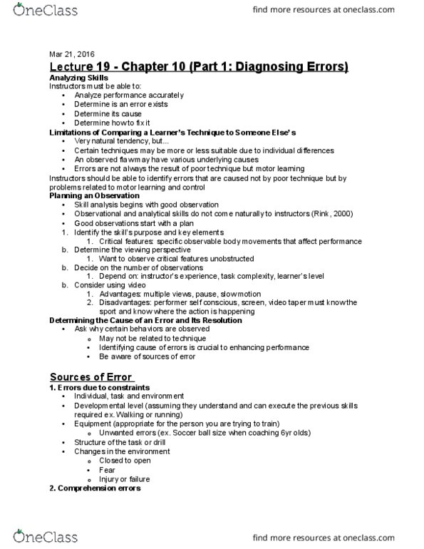 KP161 Lecture Notes - Lecture 19: Motor Learning, Proprioception, Error Detection And Correction thumbnail