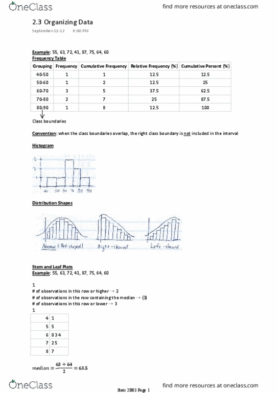 STATS 2B03 Lecture Notes - Lecture 2: Histogram thumbnail