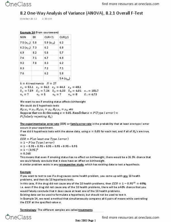 STATS 2B03 Lecture Notes - Lecture 22: Analysis Of Variance thumbnail