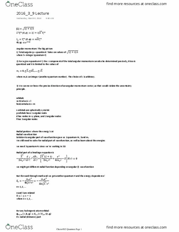 CHEM 4502 Lecture Notes - Lecture 19: Principal Quantum Number, Wave Function, Atomic Orbital thumbnail