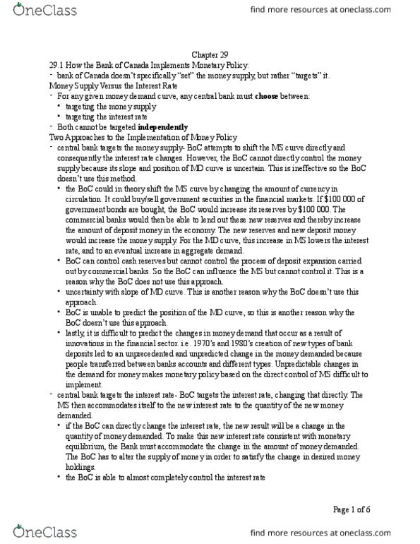 ECON 209 Chapter Notes - Chapter 29: Open Market Operation, Overnight Rate, Commercial Bank thumbnail