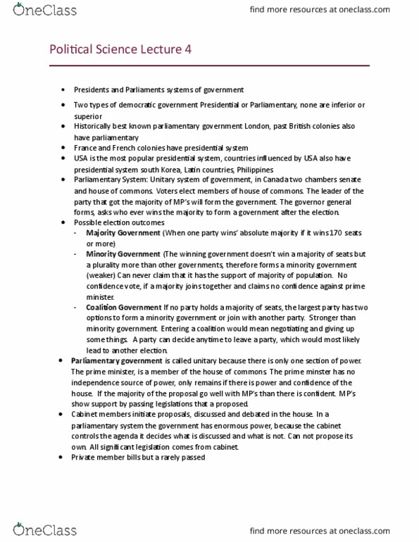 POL101Y1 Lecture Notes - Lecture 4: North American Free Trade Agreement, Presidential System, Only Time thumbnail