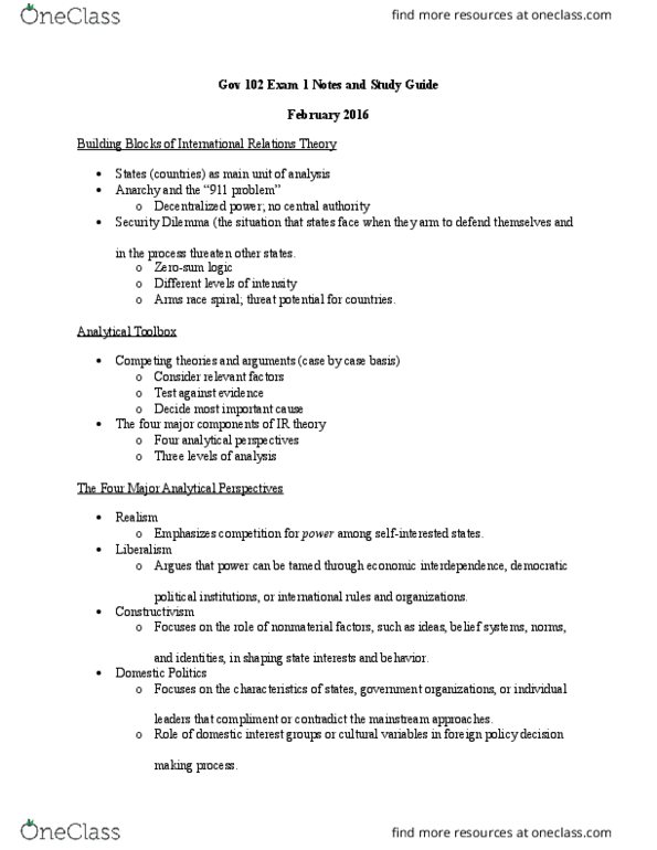 GOVT 314 Lecture Notes - Lecture 1: Democratic Peace Theory, Power Transition Theory, Security Dilemma thumbnail