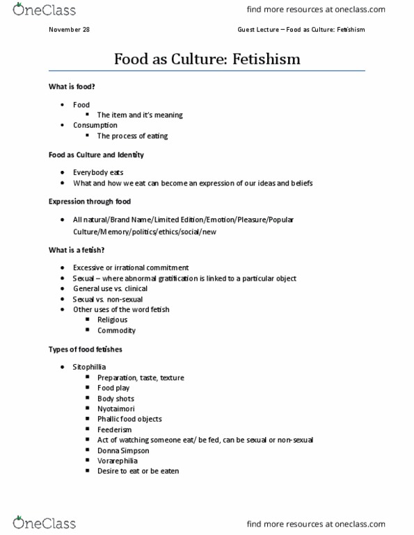 ANTHROP 1AA3 Lecture Notes - Lecture 6: Nyotaimori, Food Play, Fetishism thumbnail