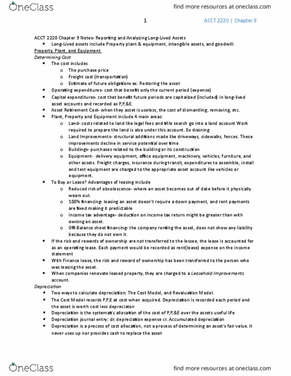 ACCT 2220 Chapter Notes - Chapter 9: Finance Lease, The Purchase Price, Operating Lease thumbnail