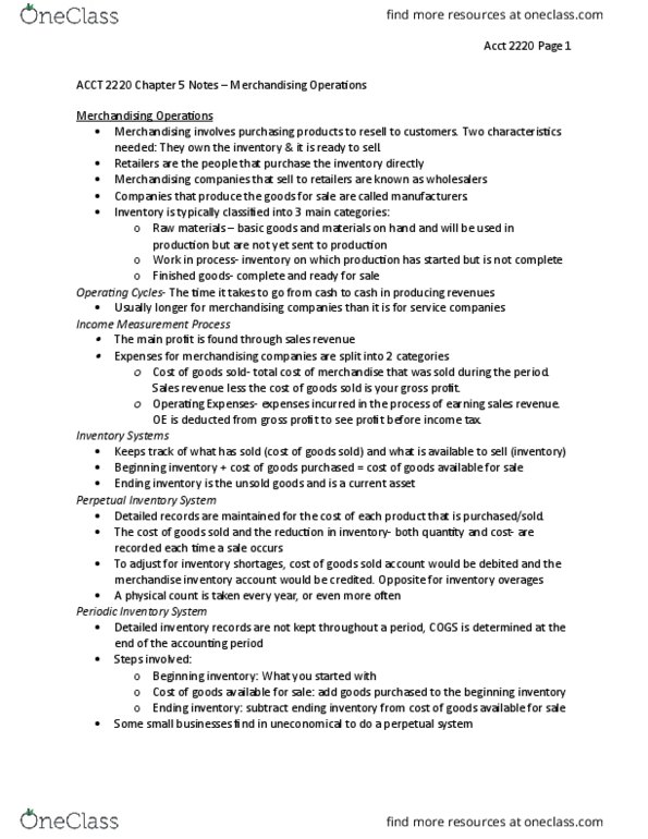 ACCT 2220 Chapter Notes - Chapter 5: Perpetual Inventory, Gross Profit, The Seller thumbnail