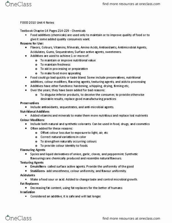 FOOD 2010 Chapter Notes - Chapter 4: Food Preservation, Food Additive, Emulsion thumbnail