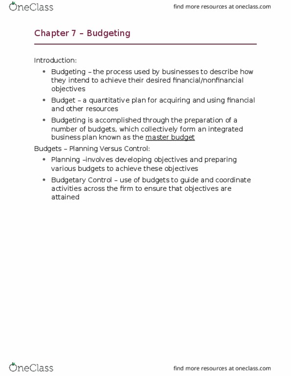 AFM123 Chapter Notes - Chapter 7: Budget, Finished Good, Income Statement thumbnail