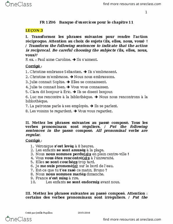 FRENCH 1Z06 Chapter 11: FRENCH 1Z06 Ch11 Lecon 3 Corrige Exercices thumbnail