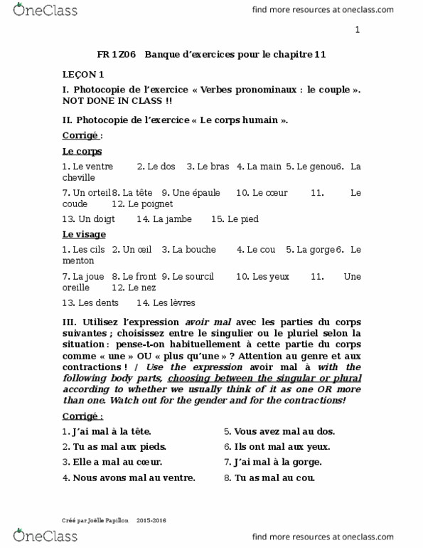 FRENCH 1Z06 Chapter Notes - Chapter 11: La Bouche, Douche, Menton thumbnail