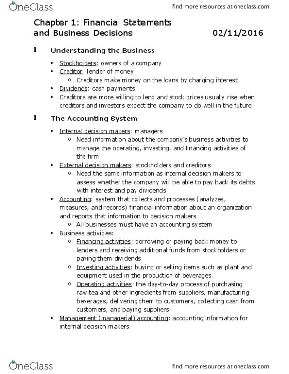 ACCT207 Chapter Notes - Chapter 1: Cash Flow Statement, Retained Earnings, Net Income thumbnail