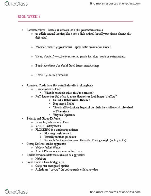 BIOL 1902 Lecture Notes - Lecture 4: Virginia Opossum, Hornet, Aposematism thumbnail