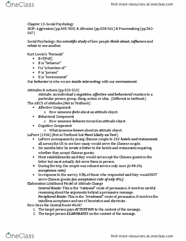 PSYC 395 Lecture Notes - Lecture 10: Elaboration Likelihood Model, In-Group Favoritism, Ingroups And Outgroups thumbnail