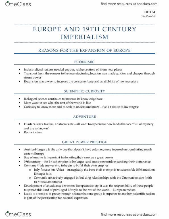 HIST-0054 Lecture Notes - Lecture 14: Ottoman Empire, Scientific Racism, Biology thumbnail