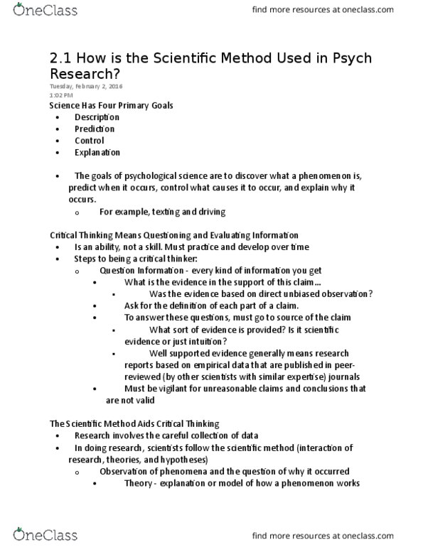 PSYC 001 Chapter Notes - Chapter 2-1: Scientific Method, Jean Piaget, Falsifiability thumbnail