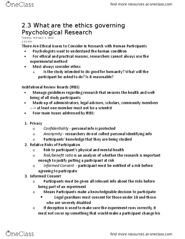 PSYC 001 Chapter Notes - Chapter 2-3: Institutional Review Board, Veterinary Medicine, Institutional Animal Care And Use Committee thumbnail