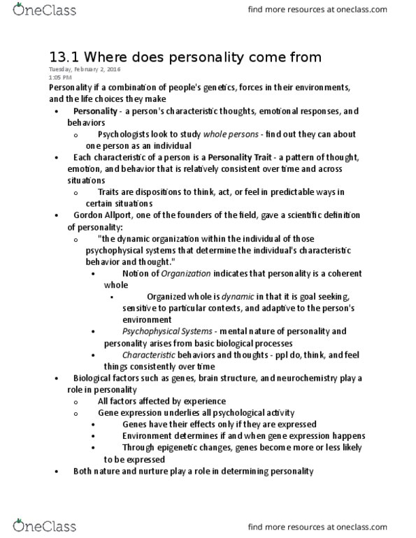 PSYC 001 Chapter Notes - Chapter 13-1: Gordon Allport, Twin, Twin Study thumbnail