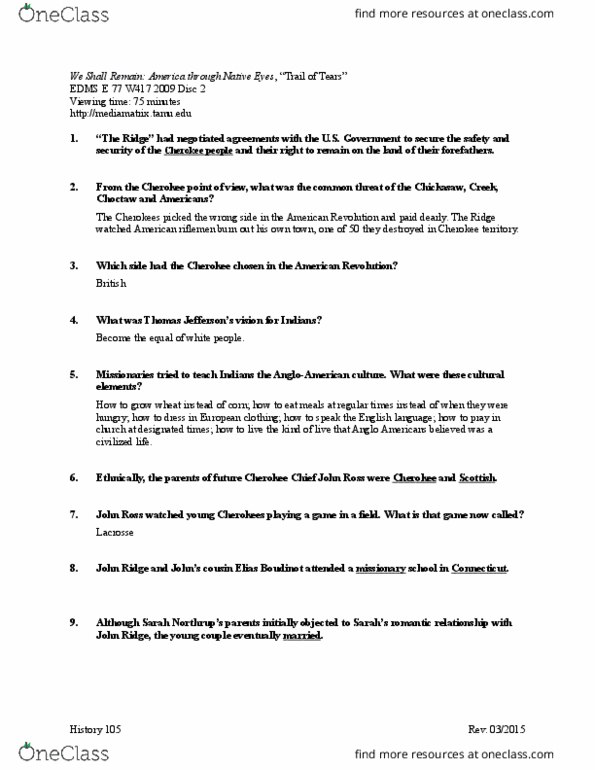 HIST 105 Lecture Notes - Lecture 22: Indian Removal Act, Cherokee Language, We Shall Remain thumbnail