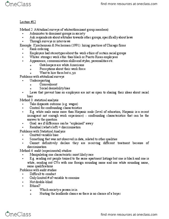 SOCI 230 Lecture Notes - Lecture 12: Social Desirability Bias, Invisibility, Meritocracy thumbnail