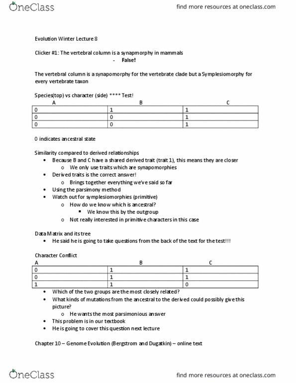 BIOL 2P05 Lecture Notes - Lecture 8: Symplesiomorphy, Data Matrix, Genome Size thumbnail