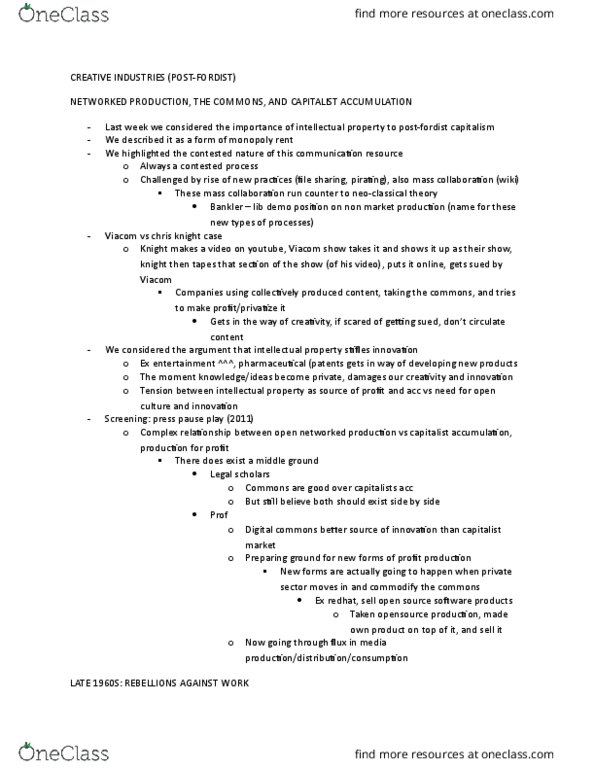 CMNS 240 Lecture Notes - Lecture 11: Mass Collaboration, Creative Industries, Digital Commons thumbnail