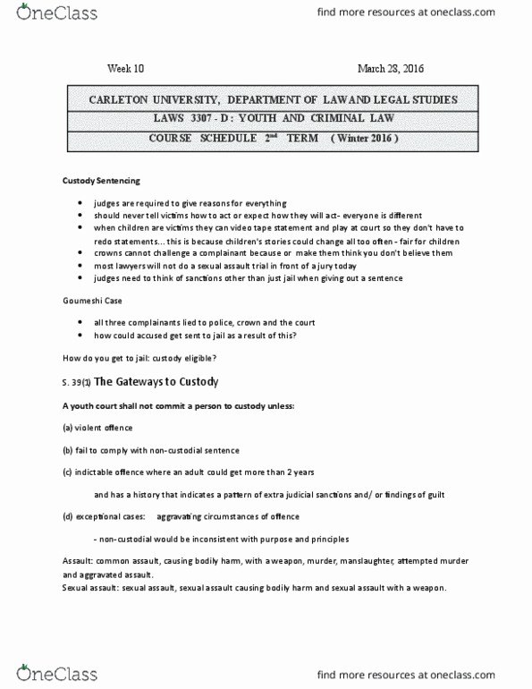 LAWS 3307 Lecture Notes - Lecture 10: Indictable Offence, Sexual Assault, Assault Causing Bodily Harm thumbnail