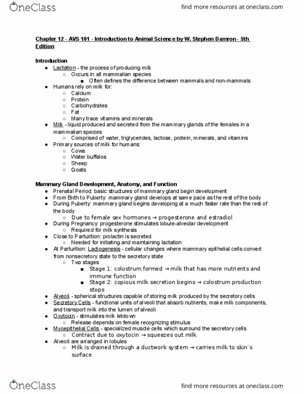 AVS 101 Chapter Notes - Chapter 12: Mammary Gland, Colostrum, Nipple thumbnail