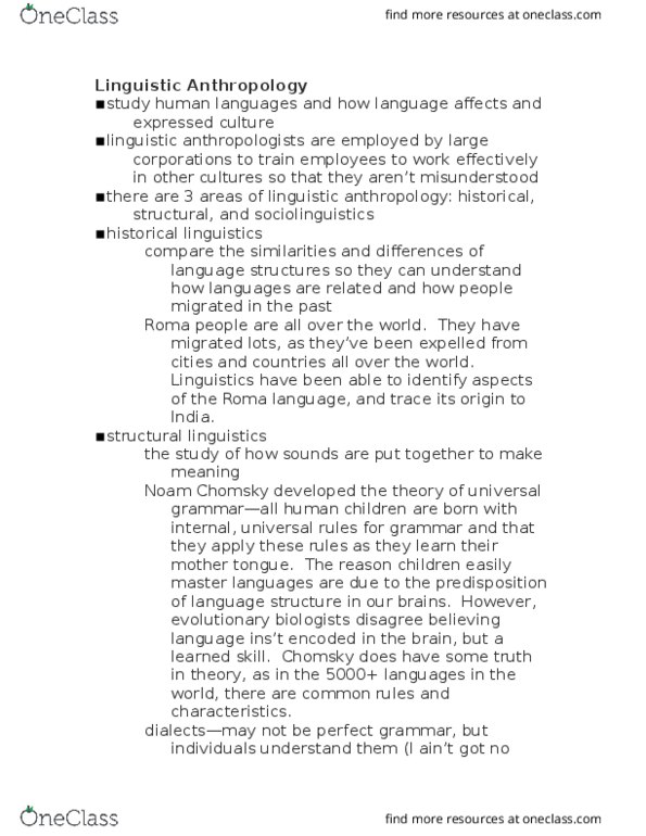 ANTH-110 Lecture Notes - Lecture 3: Noam Chomsky, Linguistic Anthropology, Romani Language thumbnail