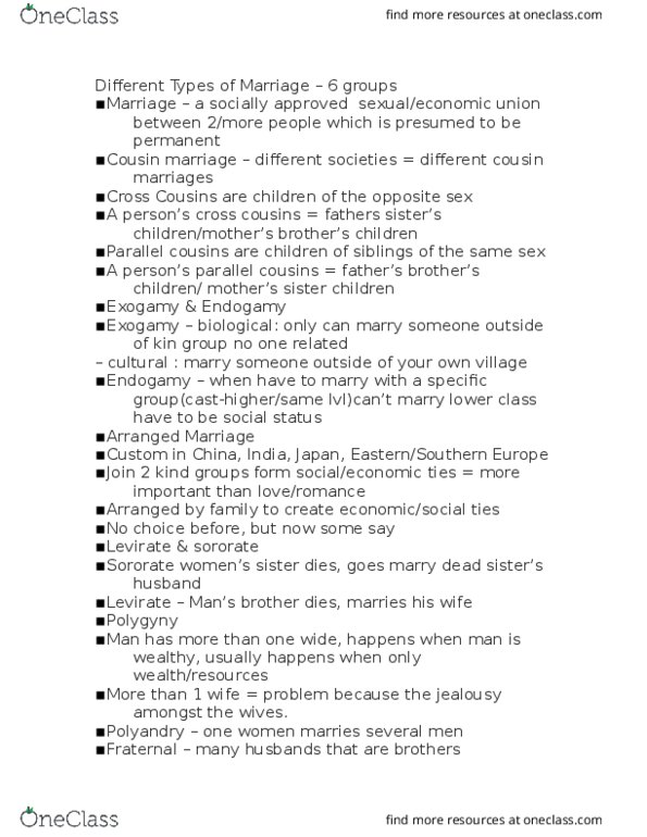 ANTH-110 Lecture Notes - Lecture 8: Cousin Marriage, Exogamy, Endogamy thumbnail