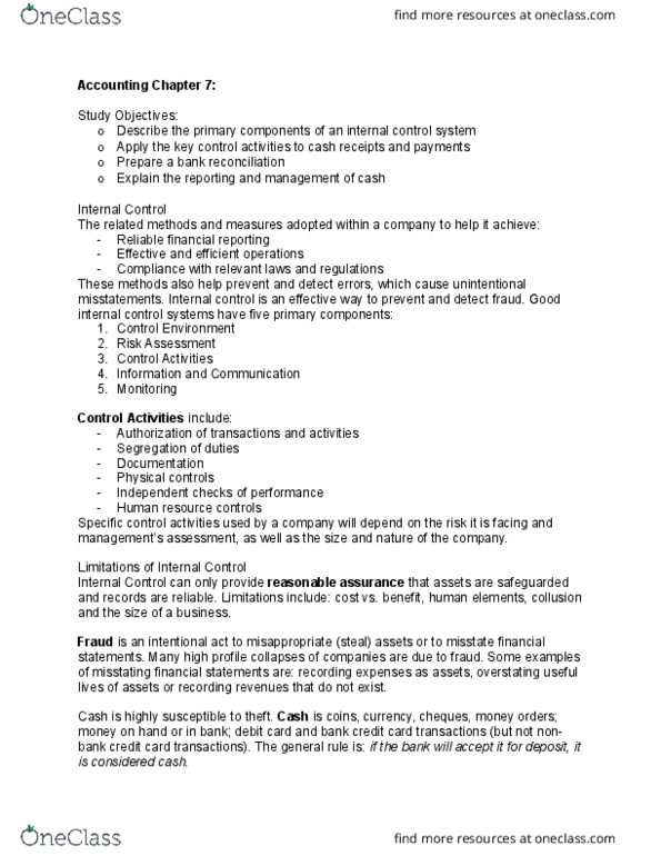 ACCT 2220 Lecture Notes - Lecture 7: Electronic Funds Transfer, Debit Card, Cash Cash thumbnail