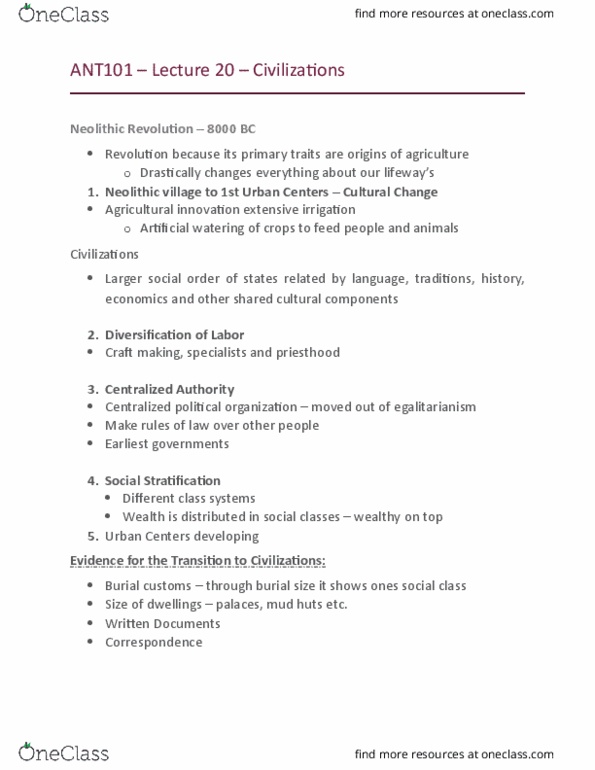 ANT101H5 Lecture Notes - Lecture 20: Neolithic Revolution, Egalitarianism thumbnail