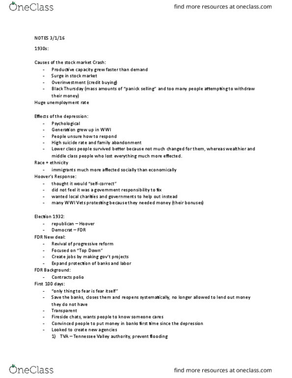 HIST 151 Lecture Notes - Lecture 6: National Recovery Administration, Agricultural Adjustment Act, Civilian Conservation Corps thumbnail