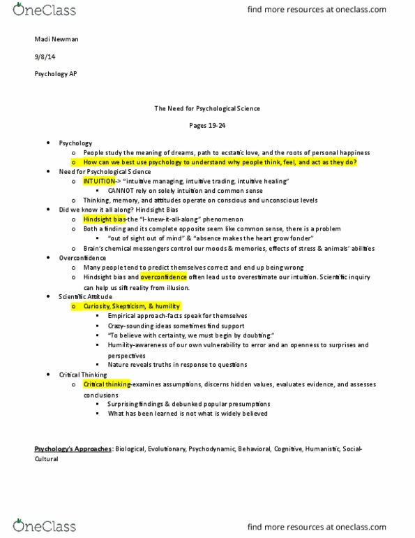 PSYC100 Lecture Notes - Lecture 11: Hindsight Bias, Psychological Science, The Need thumbnail