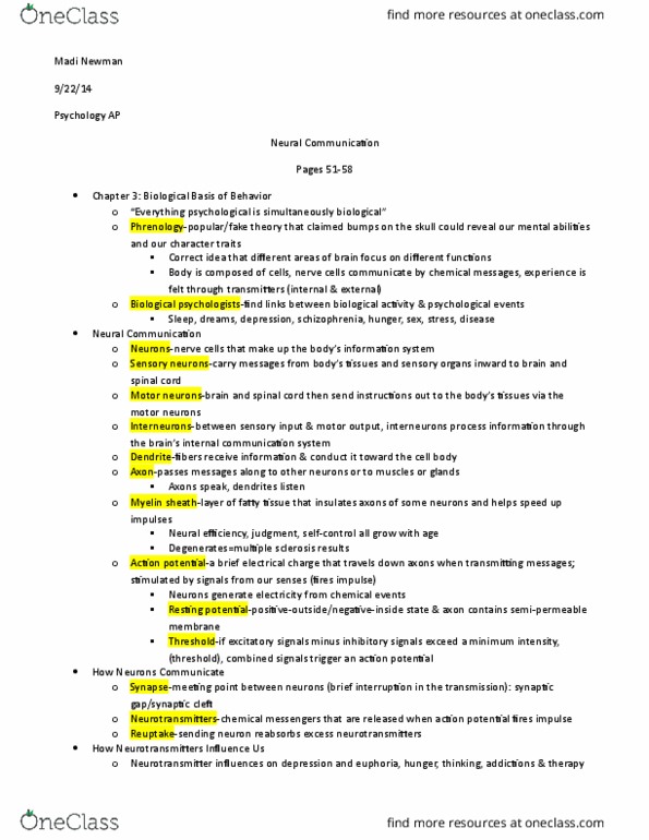 PSYC100 Lecture Notes - Lecture 8: Agonist, Myelin, Semipermeable Membrane thumbnail