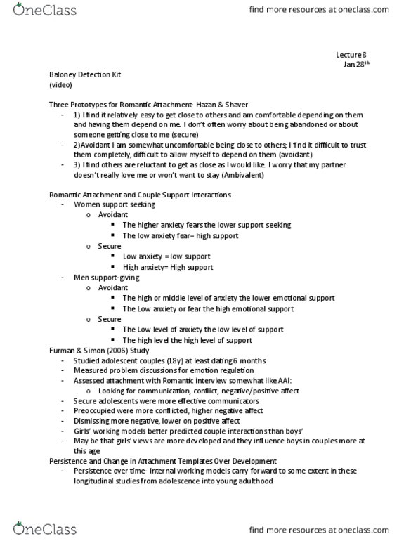 PS271 Lecture Notes - Lecture 8: Longitudinal Study, Attachment In Adults thumbnail