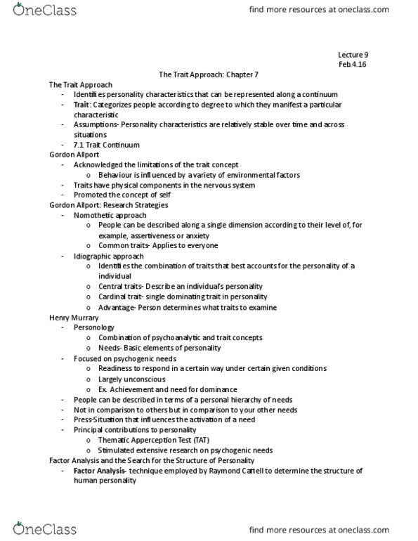 PS271 Lecture Notes - Lecture 9: Gordon Allport, Thematic Apperception Test, Raymond Cattell thumbnail